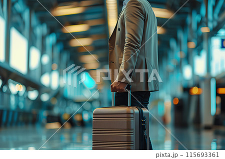 Man dressed in elegant modern suit standing with luxury suitcase in airport 115693361