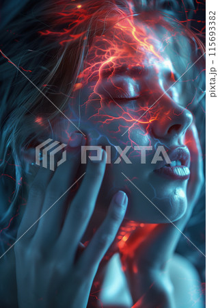 A woman suffers from severe headache. Migraine attack A woman suffers from severe headache. Migraine attack 115693382