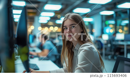 A young woman, an IT specialist, works in a modern office environment, smiling confidently as she sits at her desk with multiple computer monitors around her 115693406