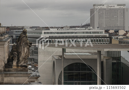 Berlin cityscape view from above of Reichstag building with Statue and Marie-Elisabeth-Lueders-Hau and buildings. Berlin cityscape view from above of Reichstag building with Statue and Marie-Elisabeth-Lueders-Hau and buildings. 115693502