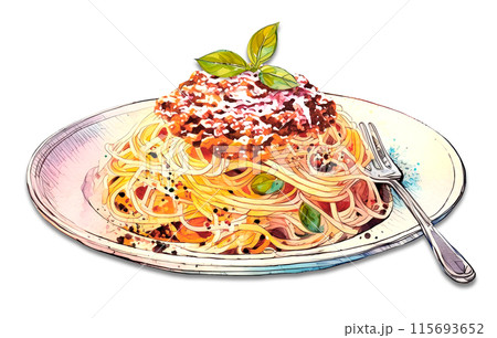 お皿に盛りつけられたミートソースのパスタの水彩画「AI生成画像」 115693652