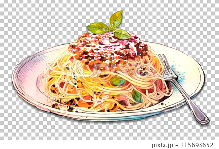 お皿に盛りつけられたミートソースのパスタの水彩画「AI生成画像」 115693652