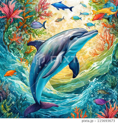 海とイルカと魚たちのイラスト素材 [115693673] - PIXTA