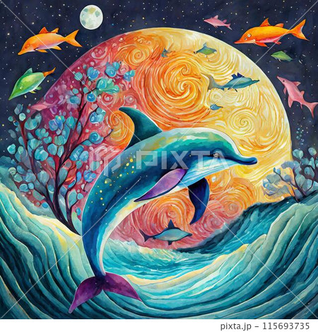 波と月と魚のデザインされたイラスト 115693735