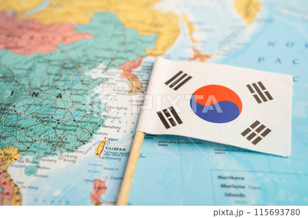 Bangkok, Thailand December 7, 2023, South Korea flag on world map. 115693780