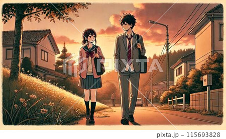 高校生カップルが夕陽の沈みかけた放課後の帰り道を歩いてる様子 115693828