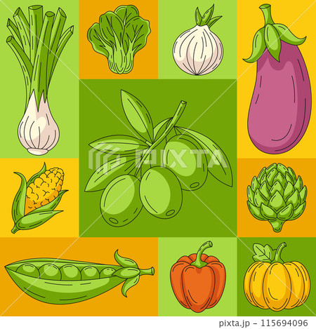 Vector geometric modern square poster, eco veggies icons. Fresh and healthy farm vegetables, natural food. Minimal abstract layout for banner, menu, cover, farmers market, brochure, social media 115694096