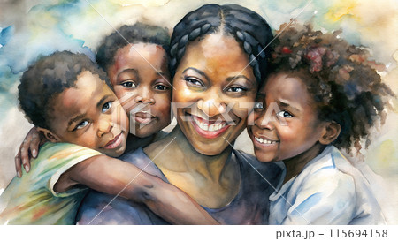 black mother with her smiling children 115694158