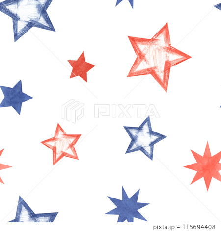 Red, blue stars in various shapes. Seamless pattern of stars in American flag colors. Textured painted smears. Traditional national symbol. Watercolor illustration. Holiday ornate for party textile 115694408