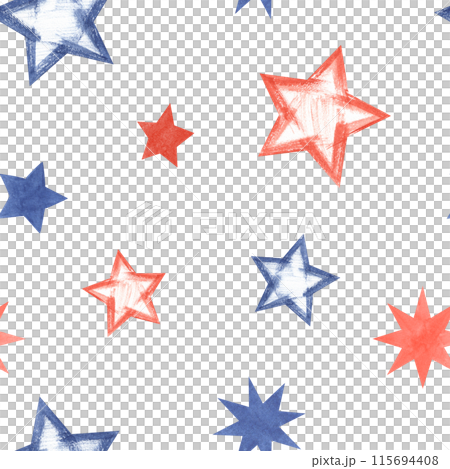 Red, blue stars in various shapes. Seamless pattern of stars in American flag colors. Textured painted smears. Traditional national symbol. Watercolor illustration. Holiday ornate for party textile 115694408
