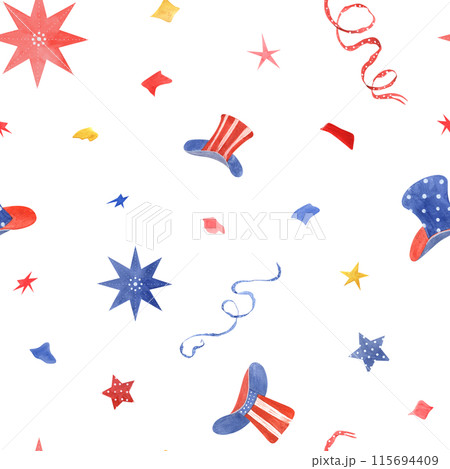 Hats, stars, ribbons and confetti. Traditional national color symbols. Holiday seamless pattern. 4th of July USA Independence Day. Watercolor illustration. Celebration ornate for textile 115694409