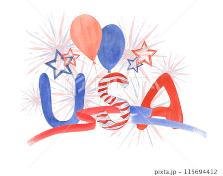 USA inscription on background of fireworks, balloons, stars and ribbons. Colorful funny letters. Red and blue national colors. Watercolor illustration. Celebration composition for greeting 115694412