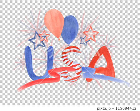USA inscription on background of fireworks, balloons, stars and ribbons. Colorful funny letters. Red and blue national colors. Watercolor illustration. Celebration composition for greeting 115694412