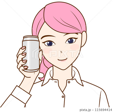 飲み物の缶を手に持つ女性のイラスト 115694414