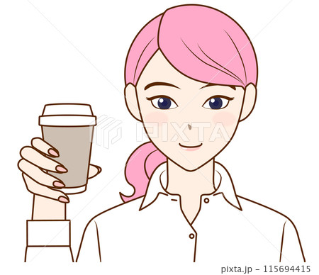 コーヒーを手に持つ女性のイラスト 115694415