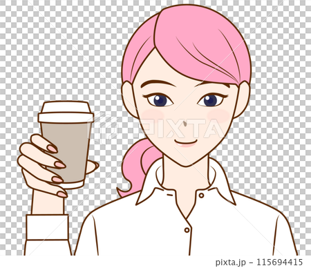 コーヒーを手に持つ女性のイラスト 115694415