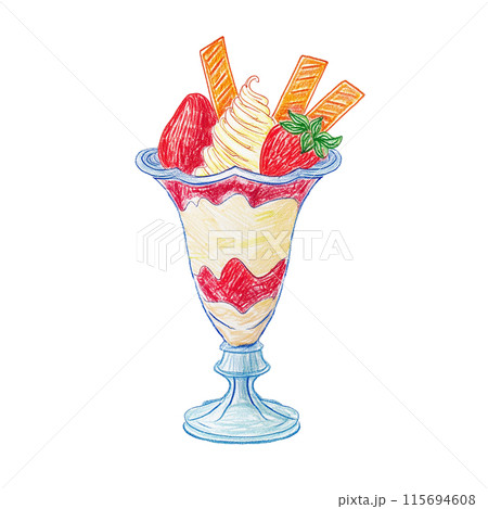 鉛筆画「Sweet strawberry ice cream」　B5大サイズ 色鉛筆で描いた苺パフェのイラスト 白背景の切り抜きのイラスト素材