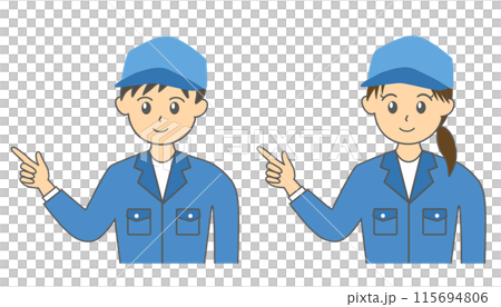 作業服を着た女性と男性の作業員がポイントを指差すイラスト 115694806