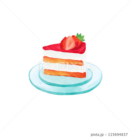 皿に乗せた苺ケーキの水彩イラスト 白背景の切り抜き 皿に乗せた苺ケーキの水彩イラスト 白背景の切り抜き 115694837