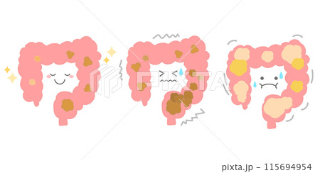 健康な腸と便秘・ガスがたまった腸 手書き風キャラクター 健康な腸と便秘・ガスがたまった腸 手書き風キャラクター 115694954