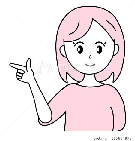 ポイントを指差して笑顔で説明する女性の線画イラスト 115694979