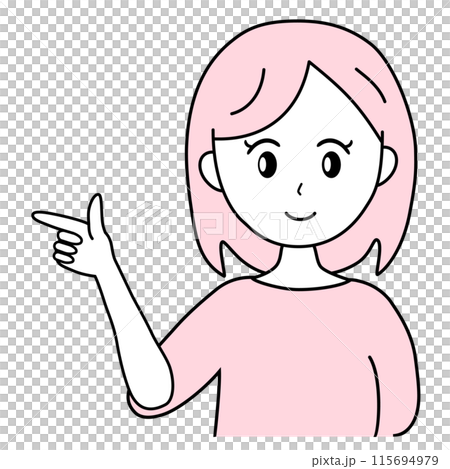 ポイントを指差して笑顔で説明する女性の線画イラスト 115694979