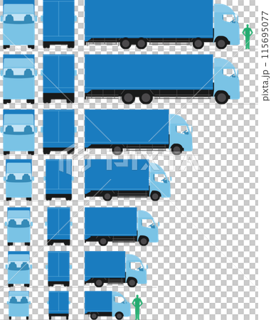 Illustration of the size of large and small trucks, front, side, back 115695077