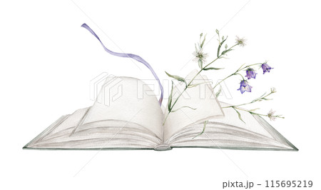 Open book with bluebell and white little flower watercolor illustration isolated on background. Book green colors with a fabulous story and flower. Vintage old textbook hand drawn and bookmark Open book with bluebell and white little flower watercolor illustration isolated on background. Book green colors with a fabulous story and flower. Vintage old textbook hand drawn and bookmark 115695219