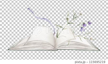 Open book with bluebell and white little flower watercolor illustration isolated on background. Book green colors with a fabulous story and flower. Vintage old textbook hand drawn and bookmark 115695219