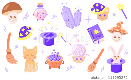 Set of different childrens magic elements, vector in kawaii and cartoon style Set of different childrens magic elements, vector in kawaii and cartoon style 115695272