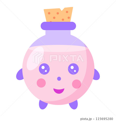 Cute glass bottle with magic poison, childrens magic element in kawaii cartoon style, vector 115695280