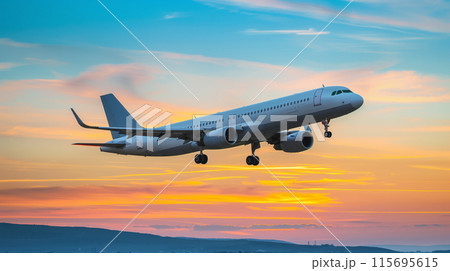 夕焼け空に着陸する旅客機 115695615