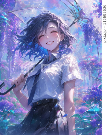 紫陽花に囲まれた女性の美しい笑顔 紫陽花に囲まれた女性の美しい笑顔 115695636