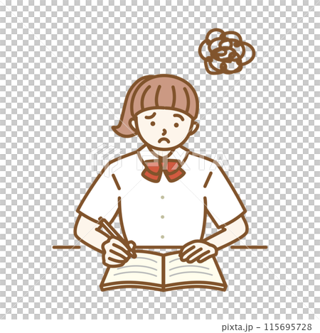 穿著夏裝的女學生擔心的學習場景的插圖。 115695728