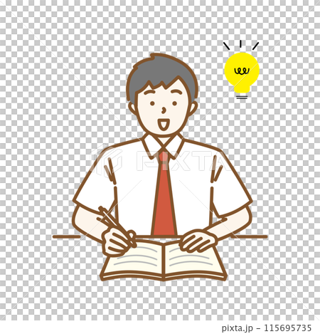 Illustration of a study scene when a male student in summer clothes has an idea - Light bulb mark Illustration of a study scene when a male student in summer clothes has an idea - Light bulb mark 115695735