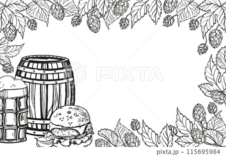 Hand drawn vector frame with sketch of wooden barrel for beer, beer glass, burger, hop plant, leaves and buds, black and white illustration of beer theme, inked illustration isolated, white background 115695984