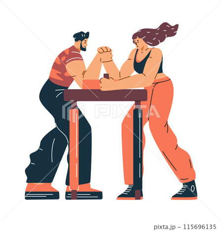 Vector illustration of two muscular athletes, a guy and a girl engaged in arm wrestling 115696135