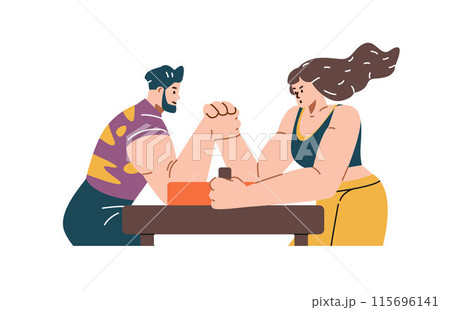 Vector illustration of arm wrestling: athletic characters demonstrating strength and rivalry.on a white background Vector illustration of arm wrestling: athletic characters demonstrating strength and rivalry.on a white background 115696141