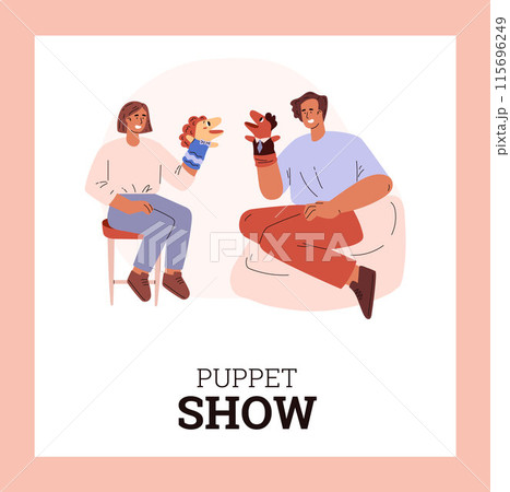 Mother and daughter put on a show using two sock puppets. 115696249