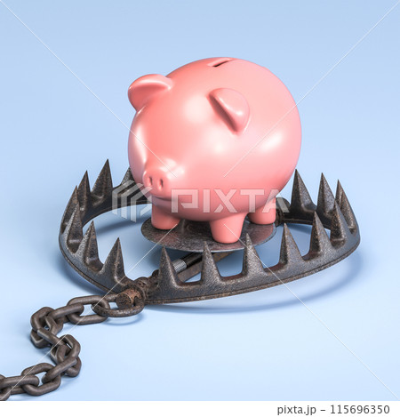 Piggy bank balancing on a bear trap 115696350