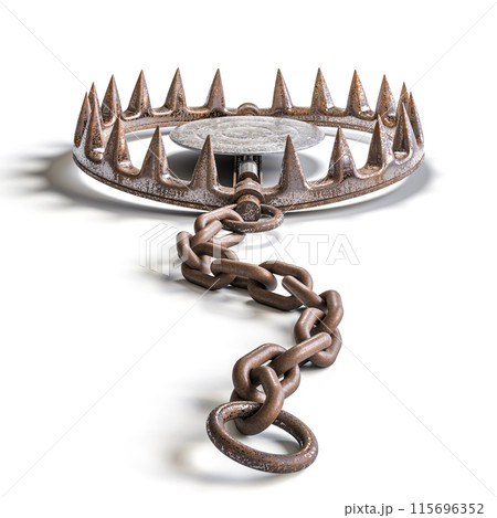 Old rusty bear trap waiting to be sprung on white background Old rusty bear trap waiting to be sprung on white background 115696352