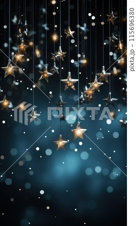 Christmas stars lights with falling snow, snowflakes, blurred abstract background. Winter and New Year holidays. Minimalistic design. Greeting card. Copy space 115696380