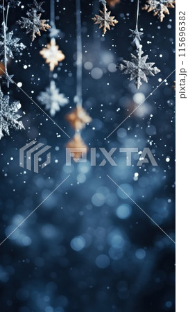 Christmas stars lights with falling snow, snowflakes, blurred abstract background. Winter and New Year holidays. Minimalistic design. Greeting card. Copy space 115696382