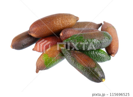 Fresh finger limes isolated on white background. Caviar lime. Fruits pods. Clipping path. Fresh finger limes isolated on white background. Caviar lime. Fruits pods. Clipping path. 115696525