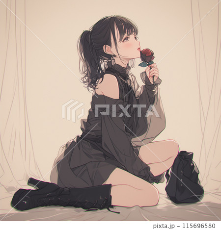 白い背景の前でポーズをとる若い女性のアニメイラスト 115696580