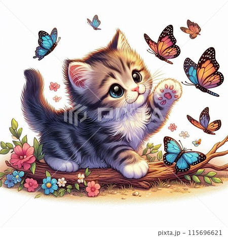 蝶々と遊ぶ子猫のイラスト素材 [115696621] - PIXTA