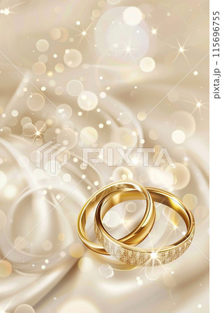 Luxurious wedding background with two intertwined golden rings on a soft satin fabric, bathed in a gentle glow and sparkles, ideal for romantic and elegant themes with ample copy space. Generative AI. 115696755