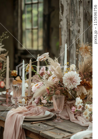 Elegantly set boho-style wedding table featuring rustic wooden elements, pastel floral arrangements, pampas grass, vintage glassware, creating dreamy and intimate reception atmosphere. Generative AI. 115696756