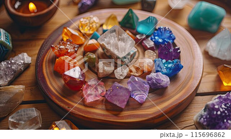 Minerals, Crystals, Semi precious Gemstones, Magic still life for Crystal Energy Healing, Esoteric ritual, Witchcraft, Spiritual practice, Meditation, reiki 115696862