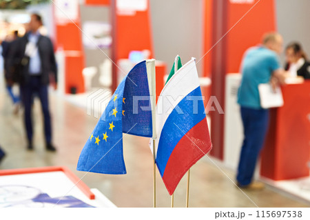 Flags of Russia and European Union on exhibition 115697538